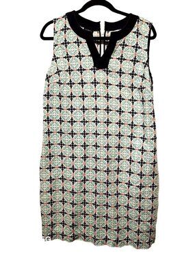 Talbots Womens Sleeveless Shift Dress 12P Blue & Pink Geometric Pattern Linen Bl